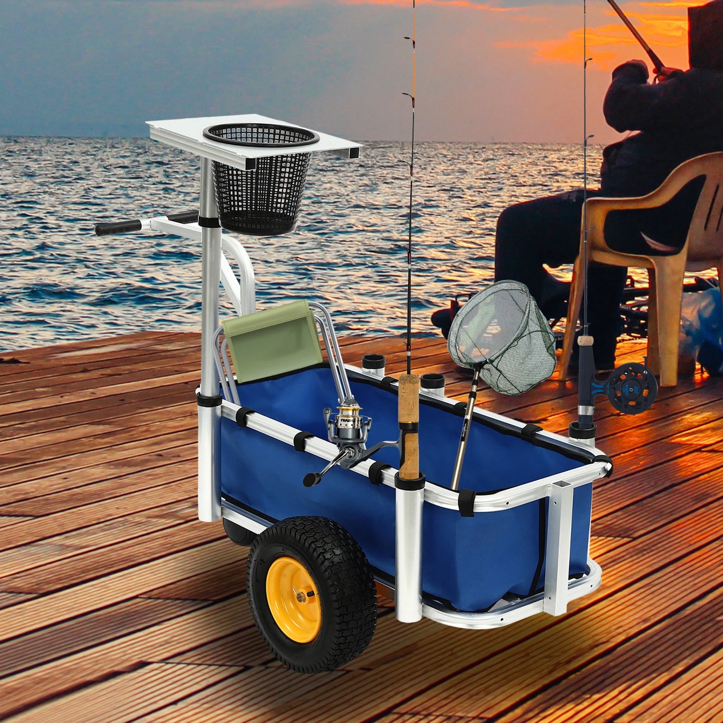 Outdoor Fishing Cart Aluminum Wagon-Rod Holders and Trolley 80kg Push Hand Cart