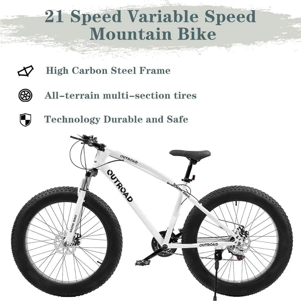 Mountain Bike with 26 inch Fat Tire,21 Speed with High Carbon Steel Frame,Double Disc Brake and Front Suspension Anti-Slip