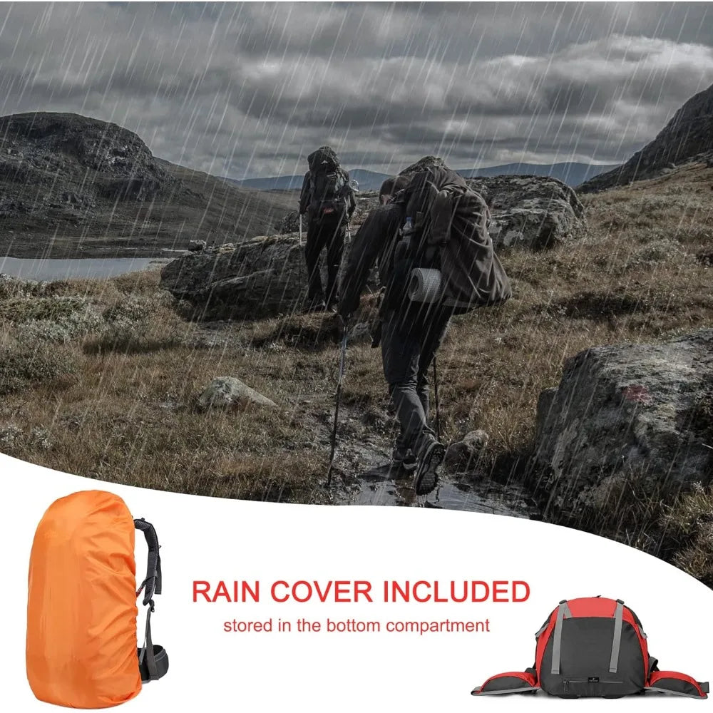 50L Hiking Backpack, Waterproof Camping Essentials Bag with Rain Cover