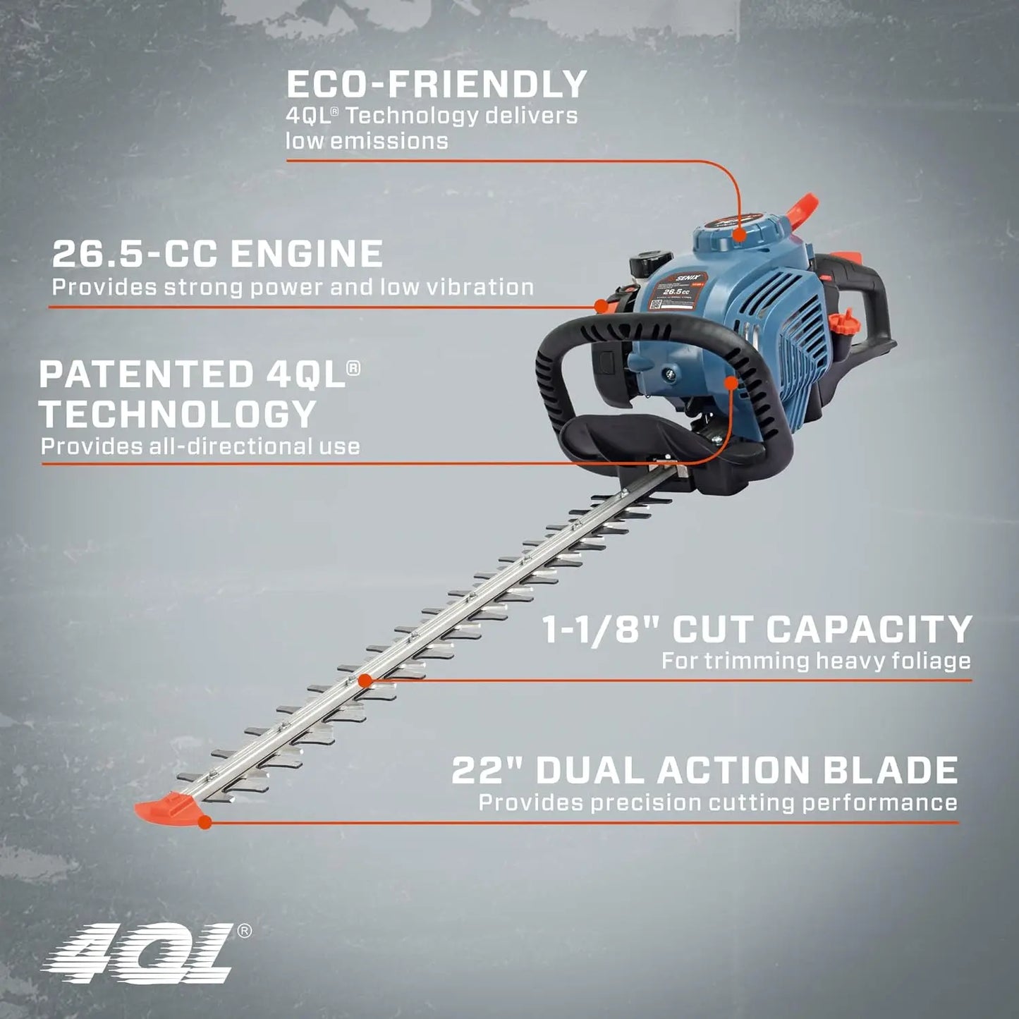 SENIX 4QL 26.5 cc 4 Cycle 22-Inch Gas Hedge Trimmer, Garden Tool to Trim Shrubs, Bushes and More Double Sided Blades